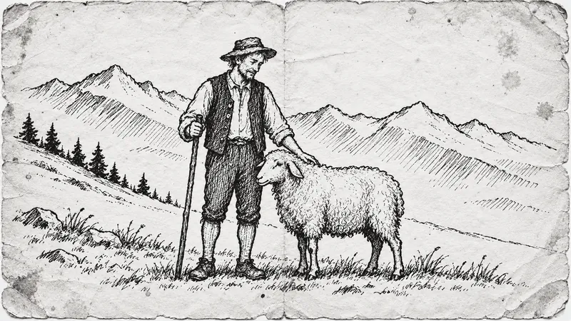 Schwarz-Weiss-Tuschezeichnung von Arnold mit seinem Schaf Anke vor einer Bergkulisse, auf abgenutztem Papier mit Alterungsspuren