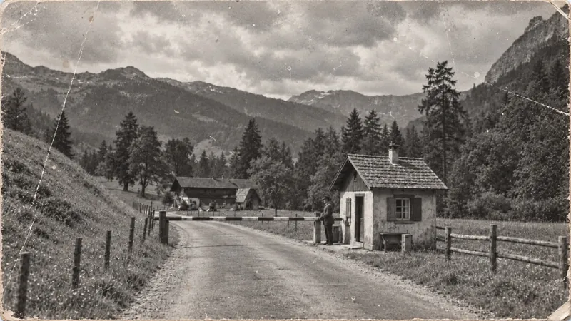 Schwarzweisse Ansicht der Schranke mit Wärterhaus, Strasse und Berglandschaft